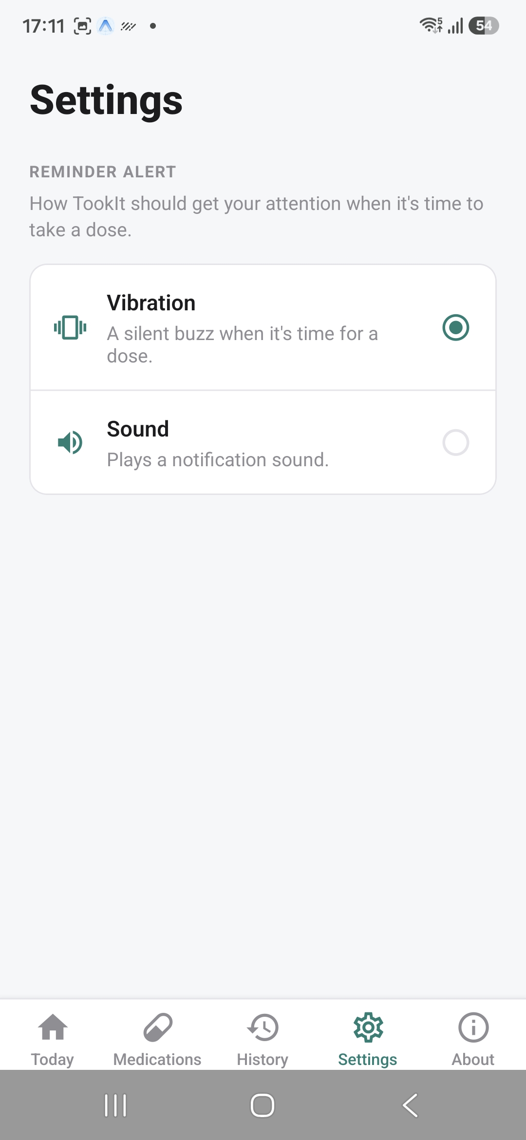 Settings screen for reminder alert type