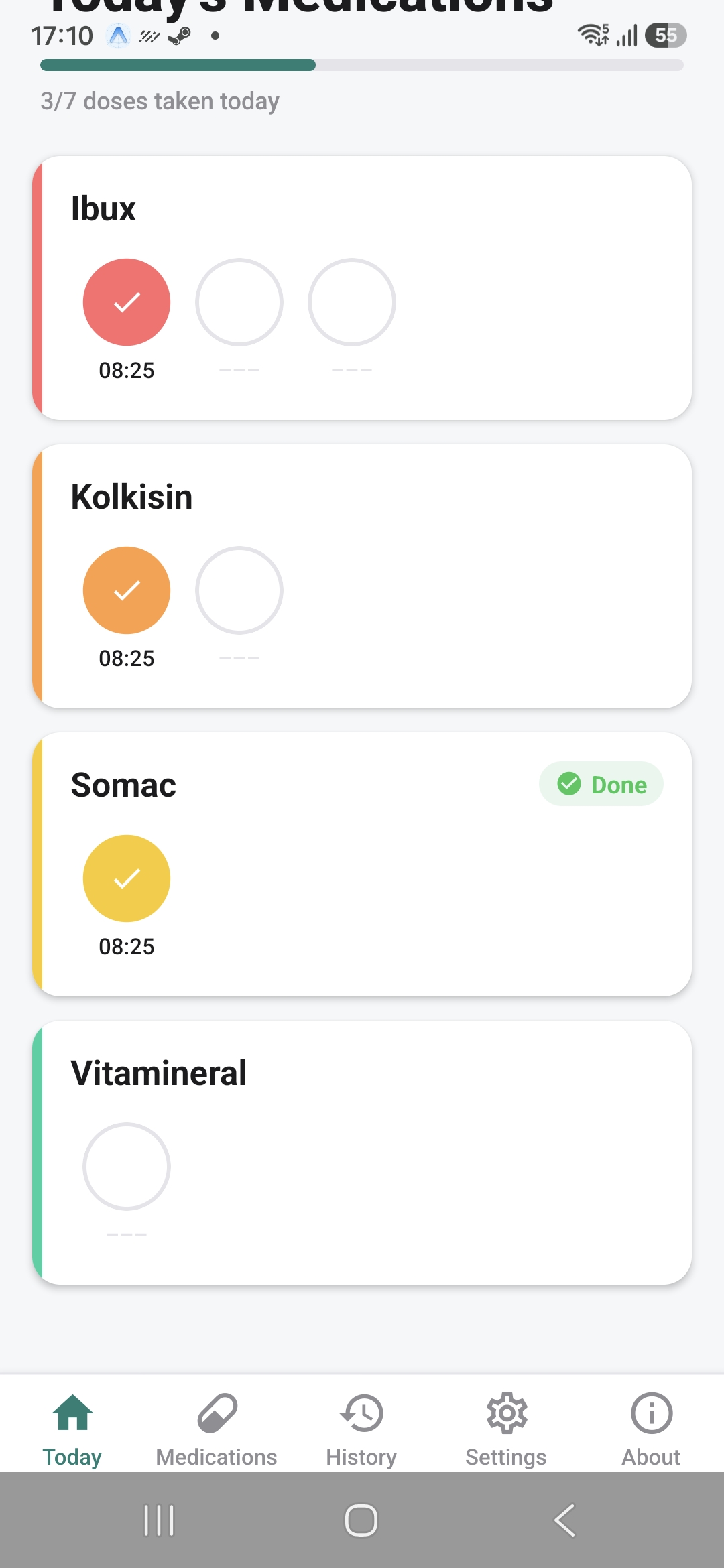 Tookit Medtracker Today screen showing today's medication doses